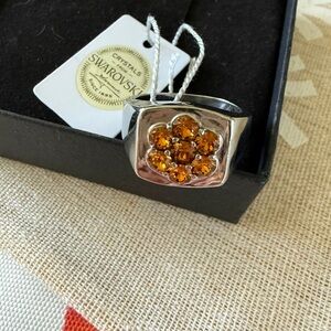 Mens Swarovski Pure Stainless Ring with Amber Crystals.